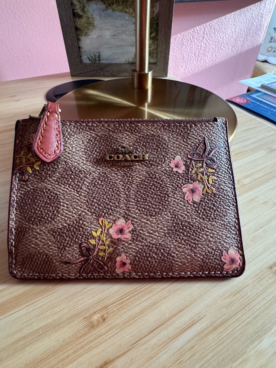 Coach Handbags - Coach Brown Signature Floral Zip Pouch with Pink Accents